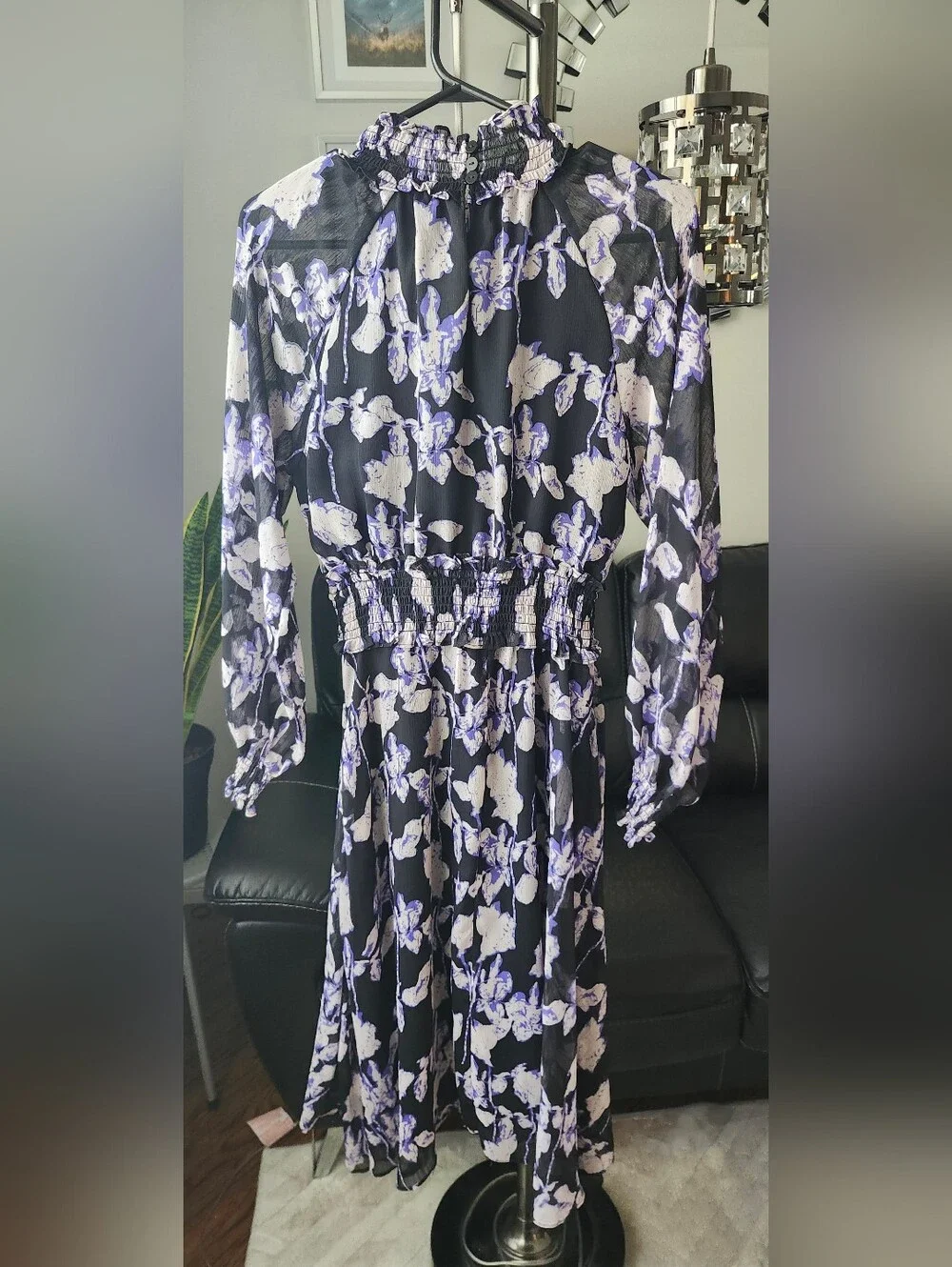 Long Sleeve Black Floral Midi Dress with Smocked Waist - Picture 7 of 10